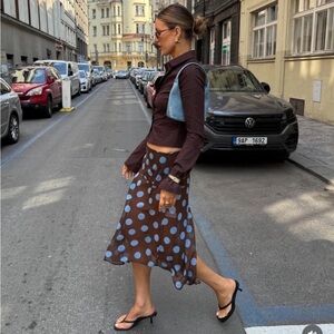 Zara Brown and Blue Polka Dot Asymmetrical Skirt